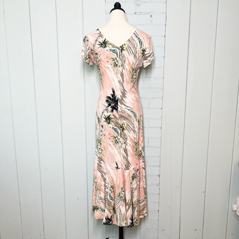 Vintage Kauaiana Palm Print Trumpet Style Maxi Dress Pink Gray White Small - Picture 2 of 13